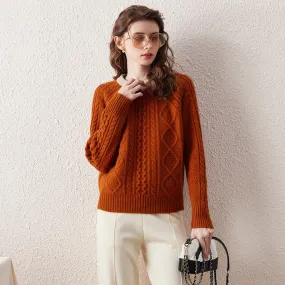 100% Wool Contrast Color Cable Knit Sweater