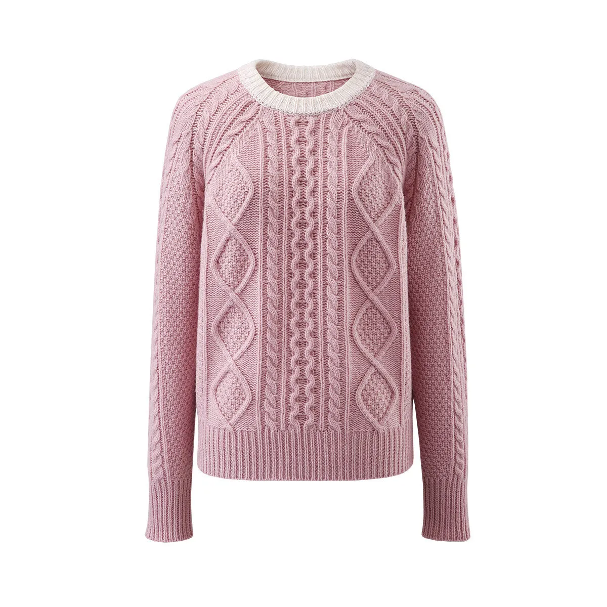 100% Wool Contrast Color Cable Knit Sweater