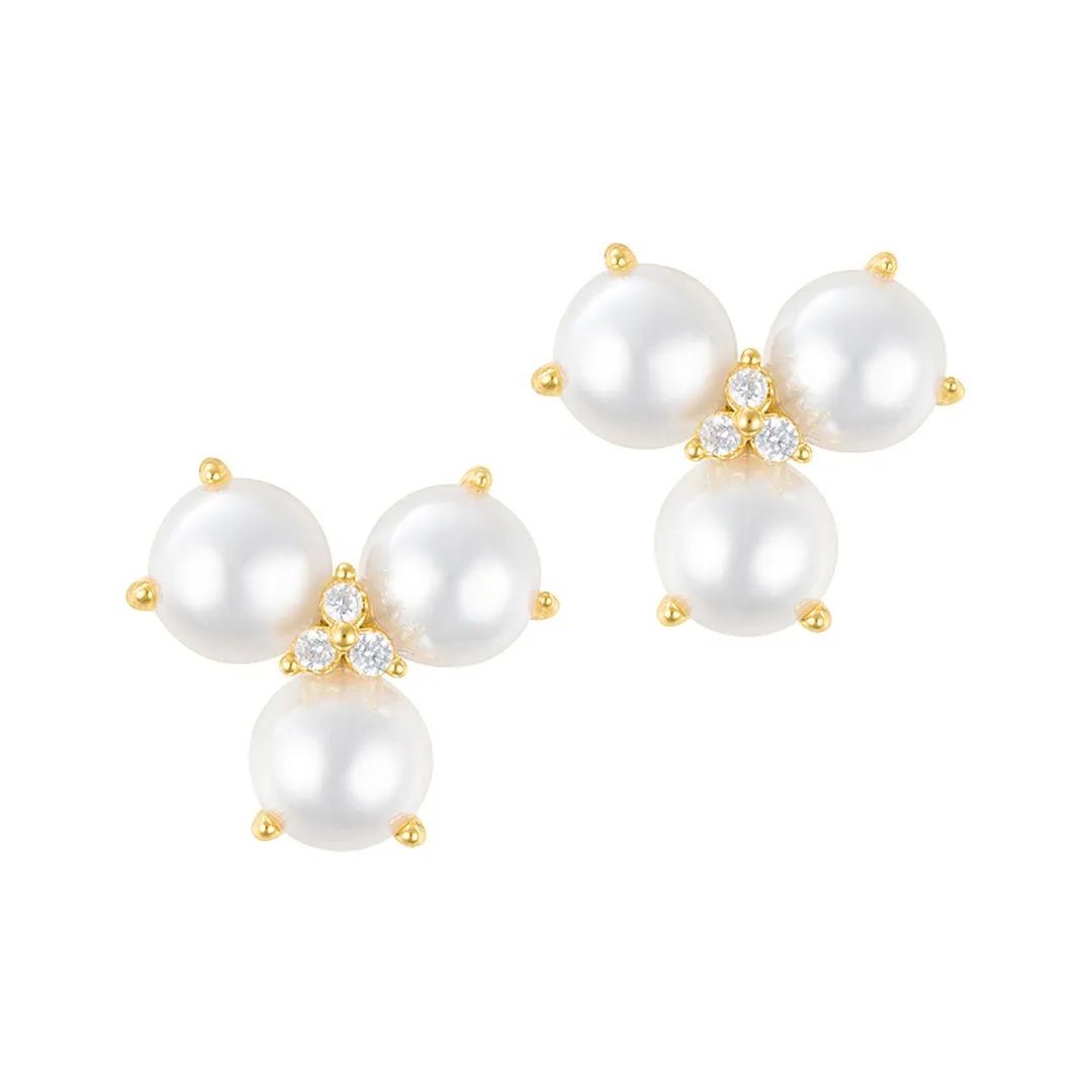 14k Gold Plated 3-Point Freshwater Pearl Flower with CZ Earrings