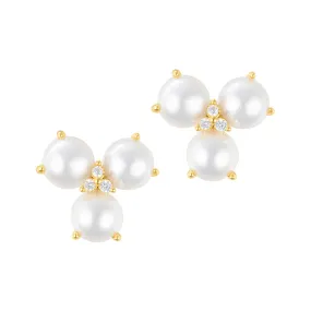 14k Gold Plated 3-Point Freshwater Pearl Flower with CZ Earrings