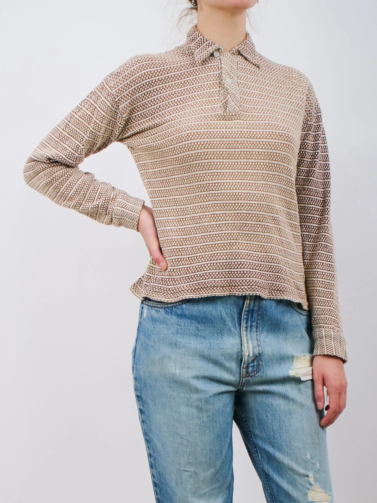 1940s Brown and Beige Knit Polo Sweater