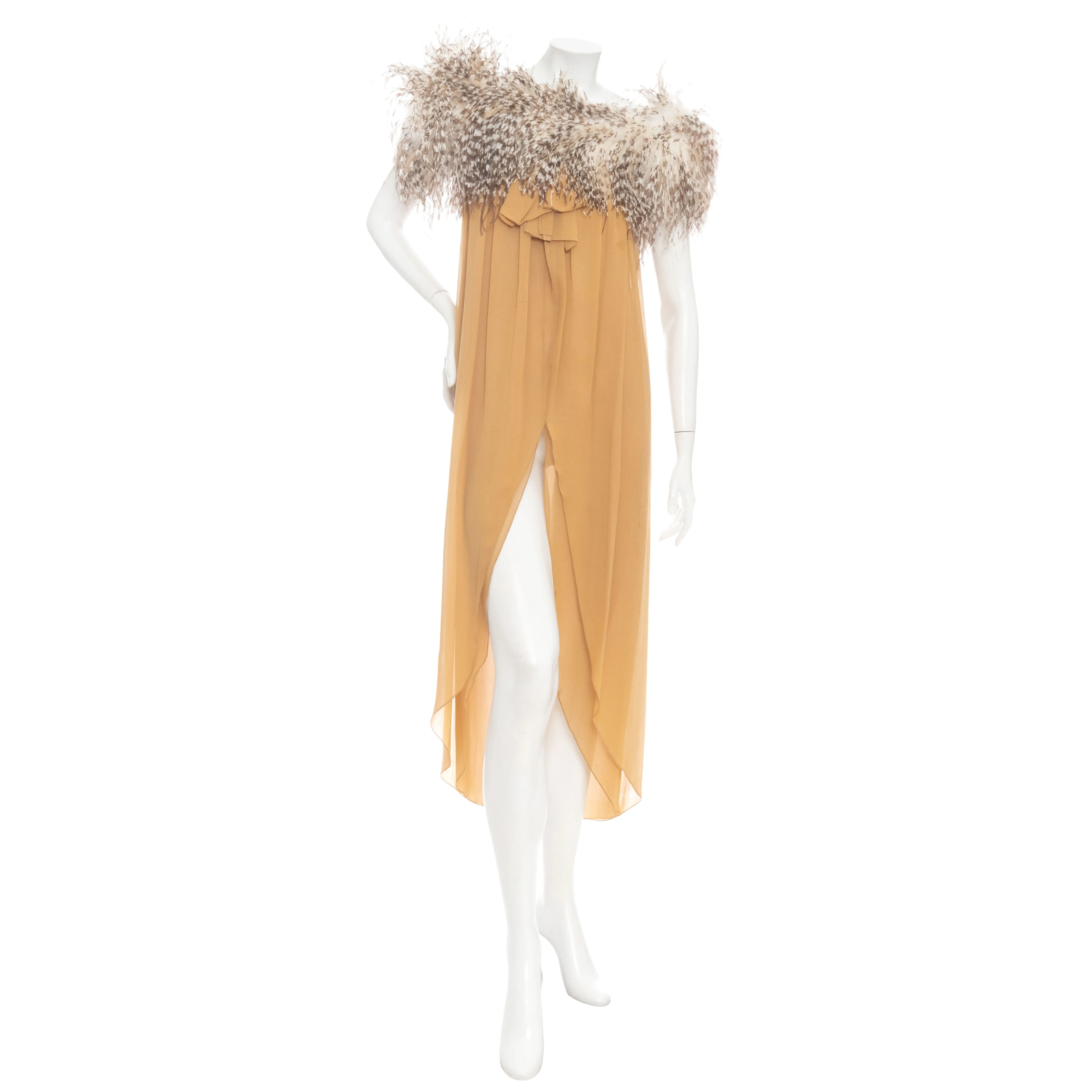 1979 Beige Silk and Ostrich Feather Slit Evening Dress