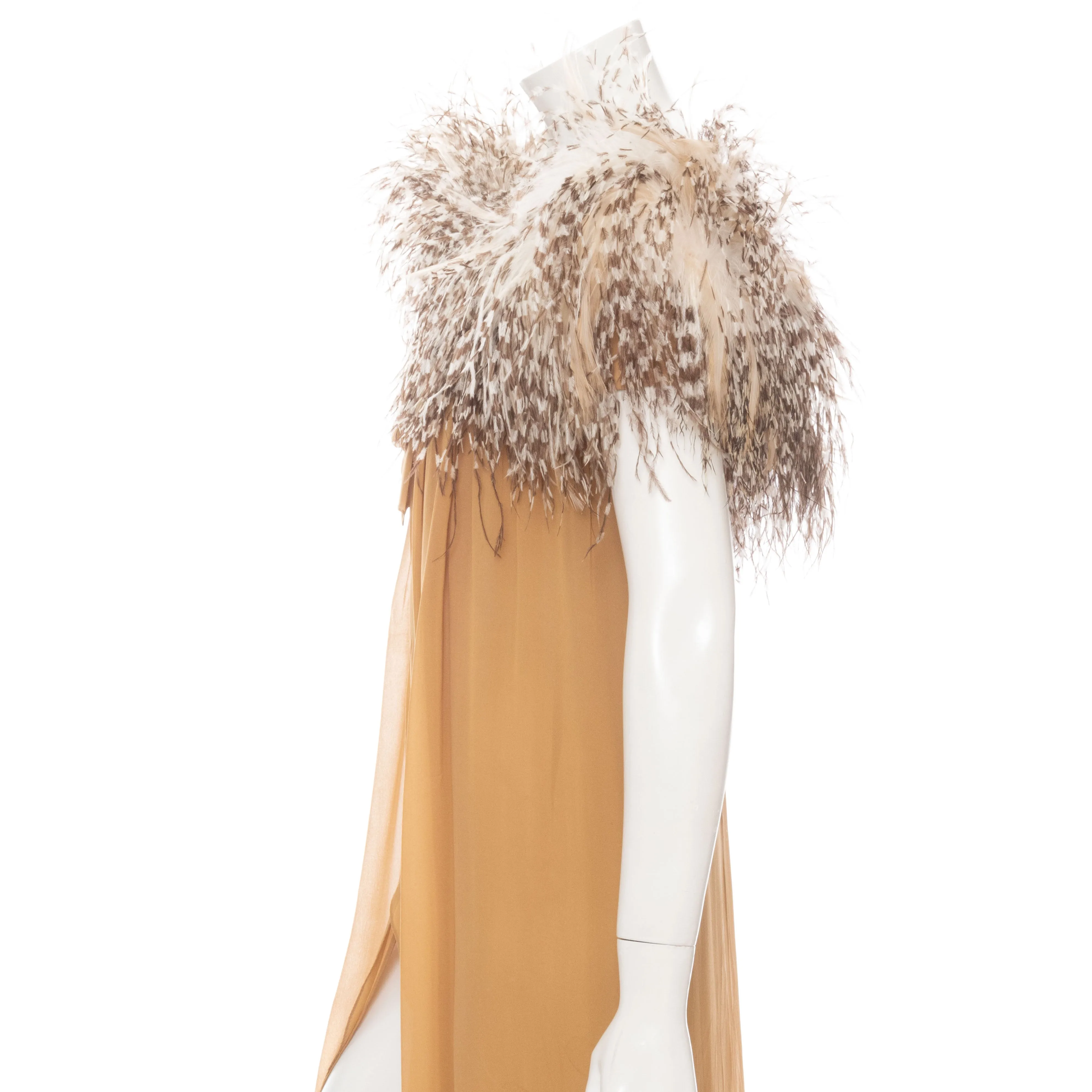 1979 Beige Silk and Ostrich Feather Slit Evening Dress