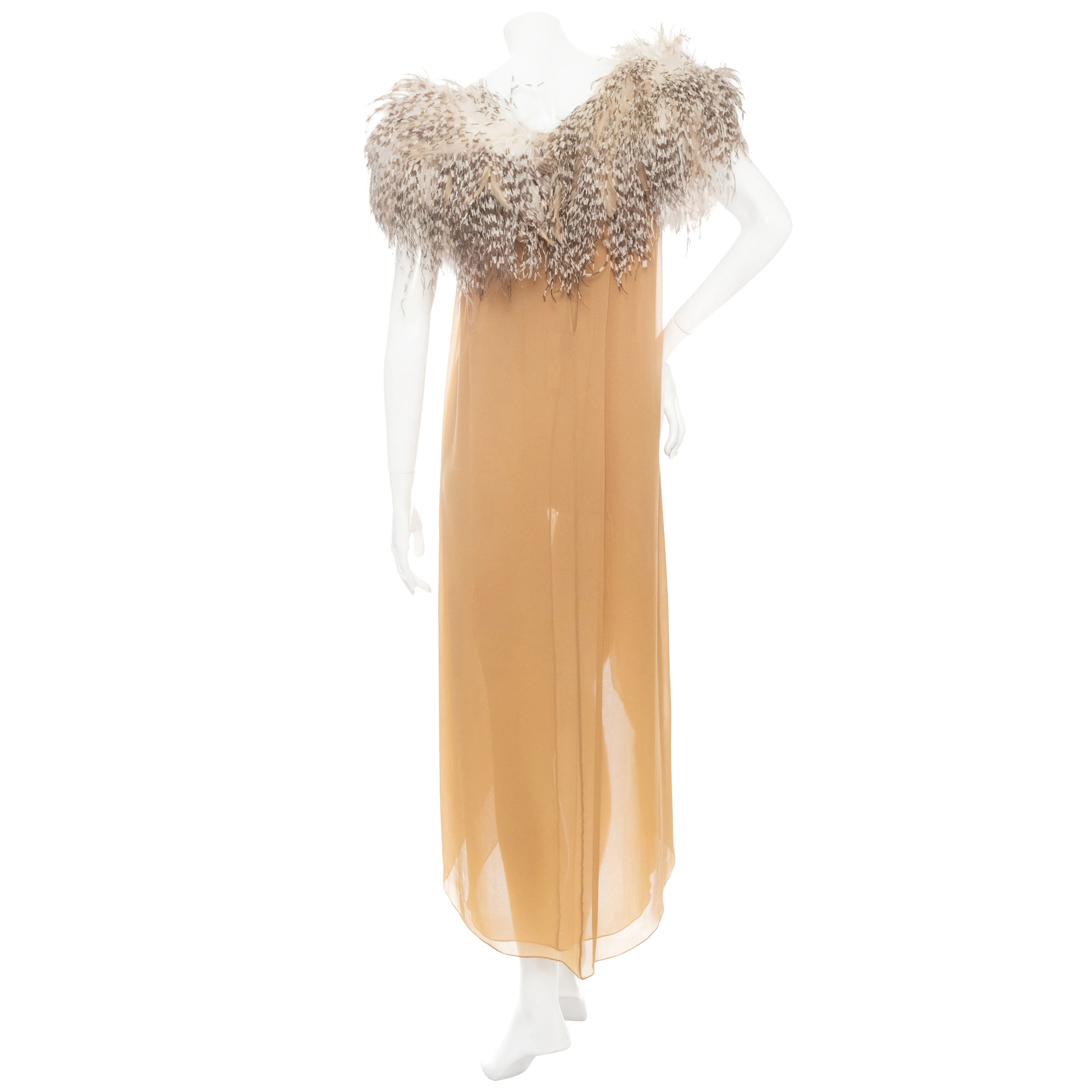 1979 Beige Silk and Ostrich Feather Slit Evening Dress