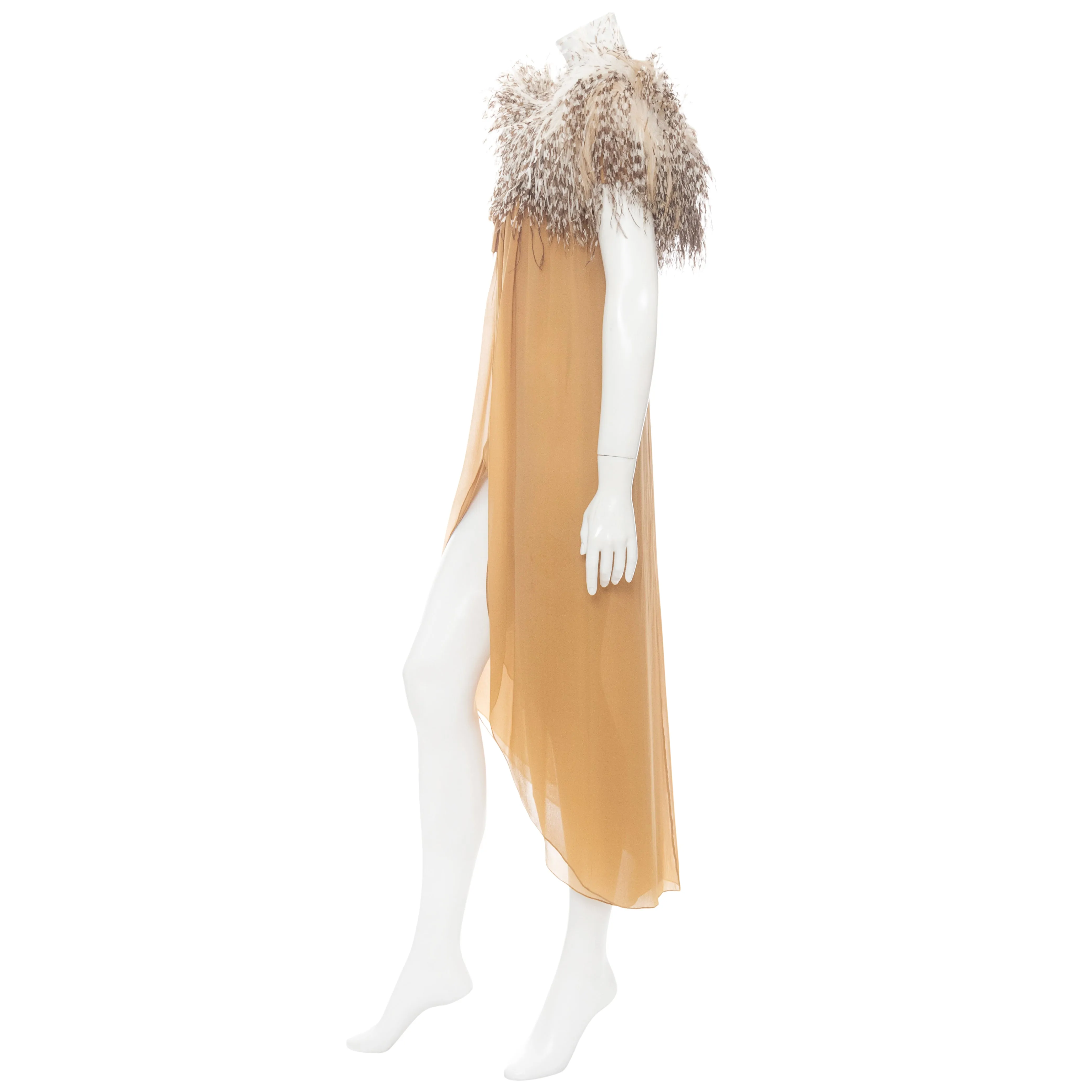 1979 Beige Silk and Ostrich Feather Slit Evening Dress