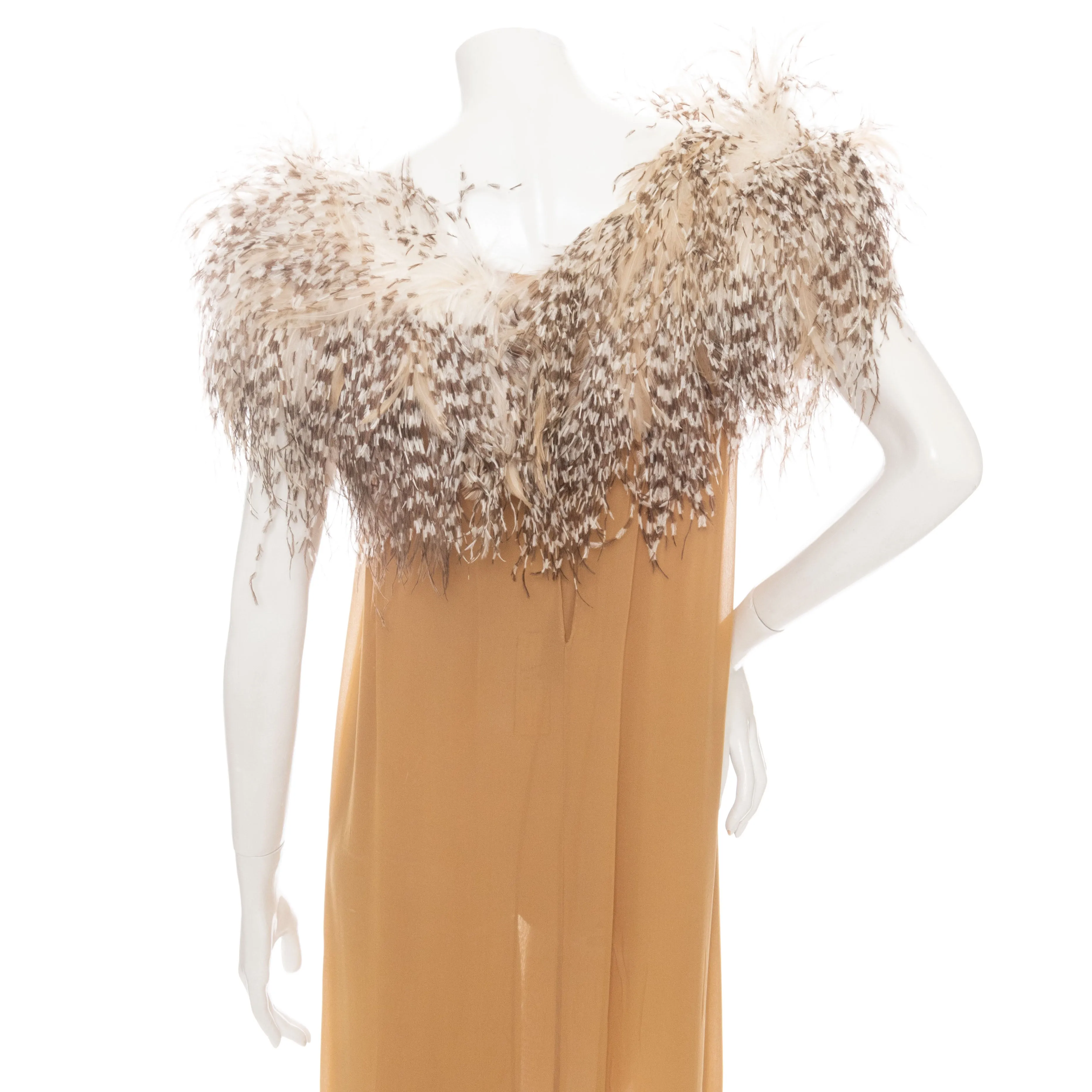 1979 Beige Silk and Ostrich Feather Slit Evening Dress