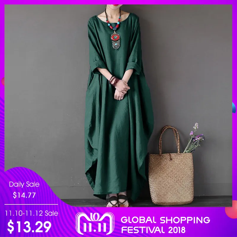 2018 ZANZEA Womens Crewneck 3/4 Batwing Sleeve Baggy Maxi Long Shirt Dress Casual Party Kaftan Solid Robe Vestido Plus Size