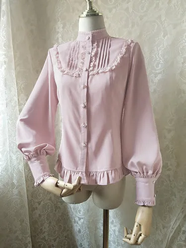 2019 Sweet Women's Lolita Blouse Ruffled Pink Vintage Long Lantern Sleeve Button Down Shirt