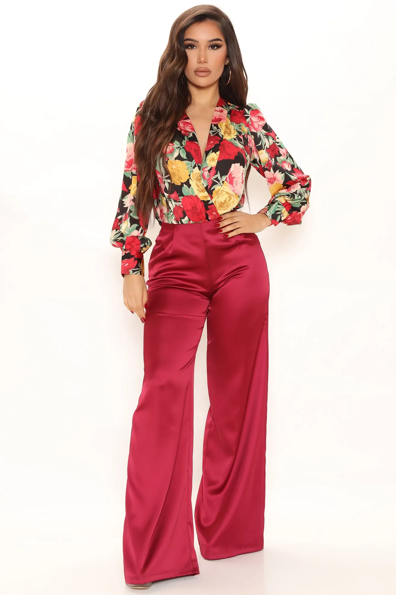 Alexi Wide Leg Satin Pants 33 - Burgundy