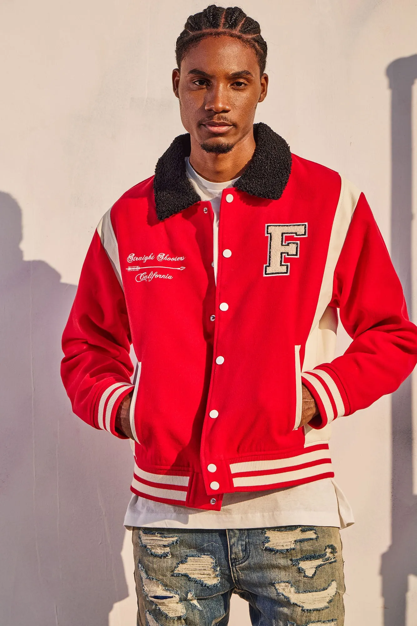 Archery Club Sherpa Collared Varsity Jacket - Red