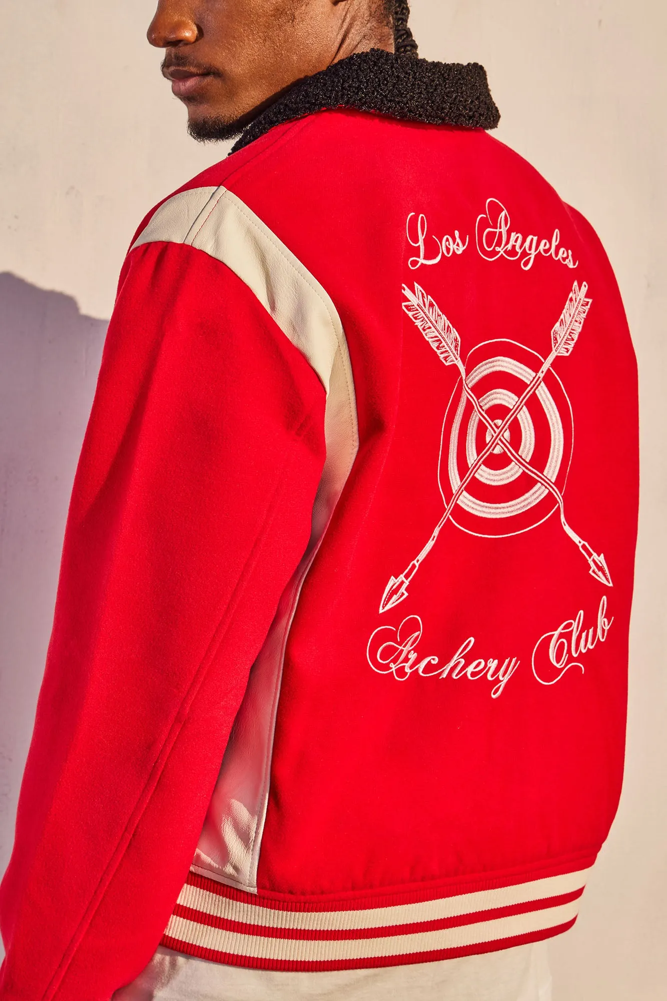 Archery Club Sherpa Collared Varsity Jacket - Red