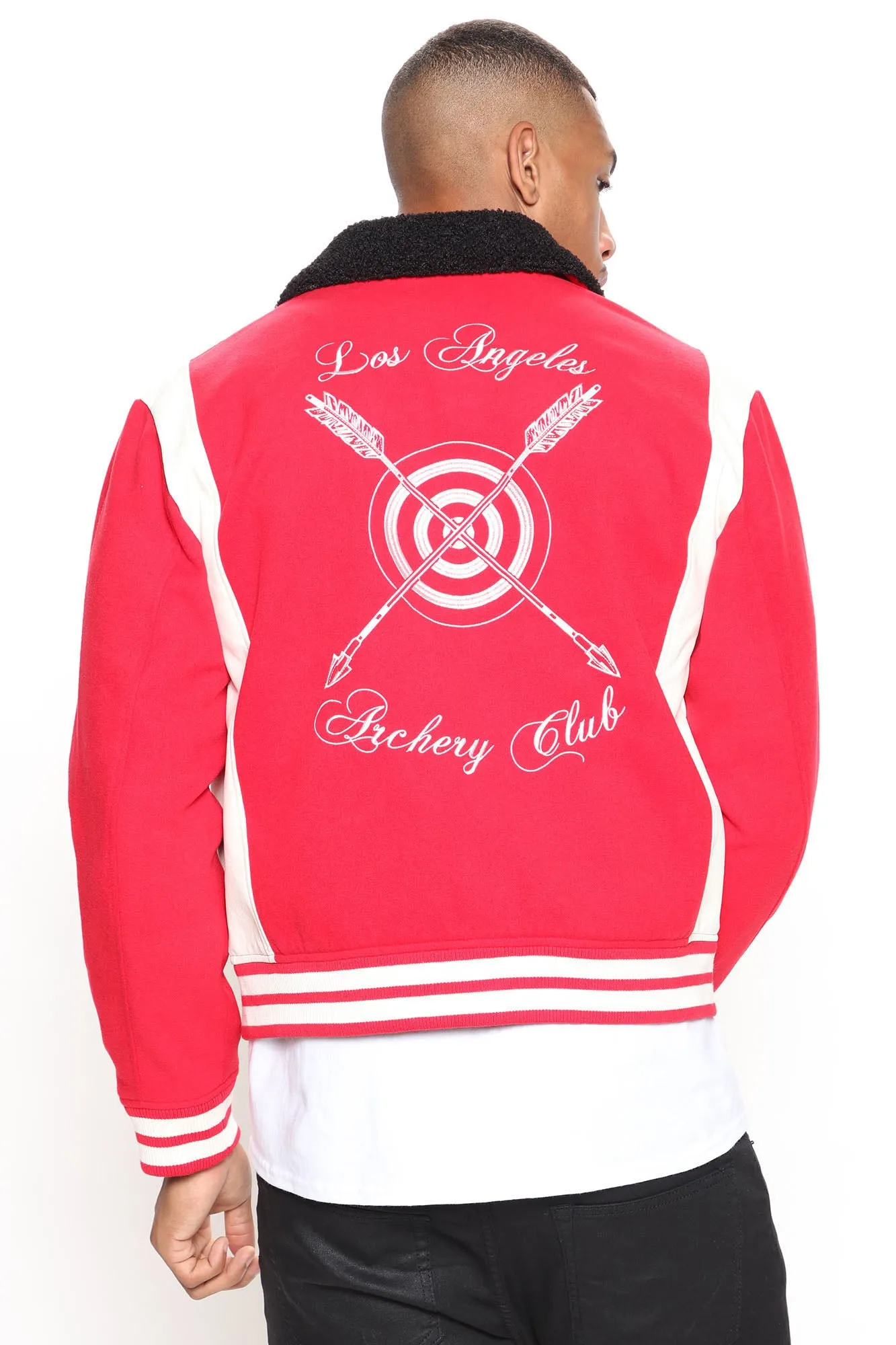 Archery Club Sherpa Collared Varsity Jacket - Red