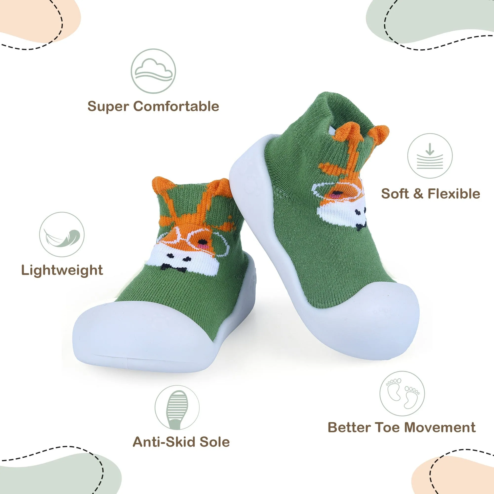 Baby Moo Cartoon Animal Rubber Comfortable Sole Slip-On Sock Shoes - Green