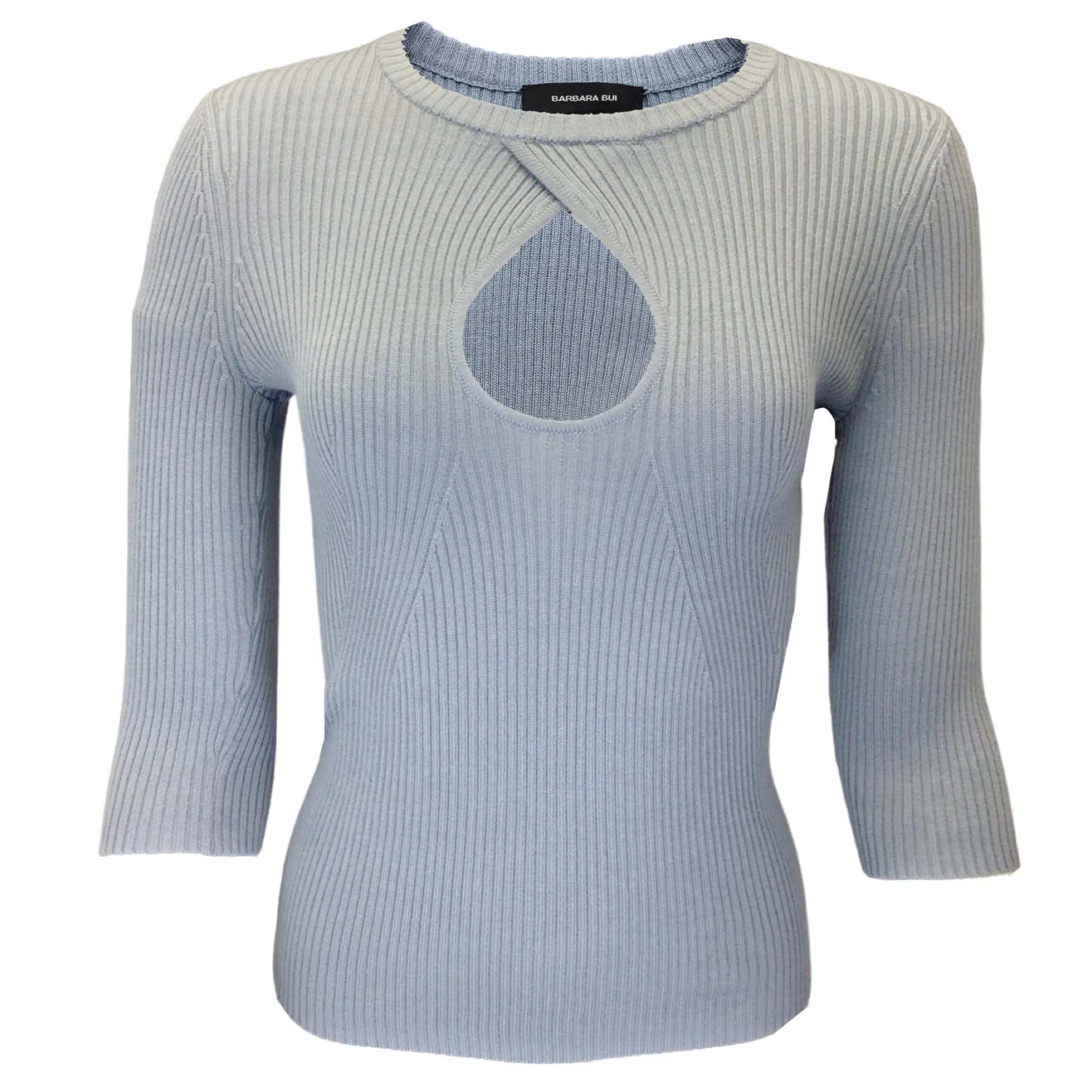 Barbara Bui Light Blue Three-Quarter Sleeved Ribbed Knit Keyhole Sweater