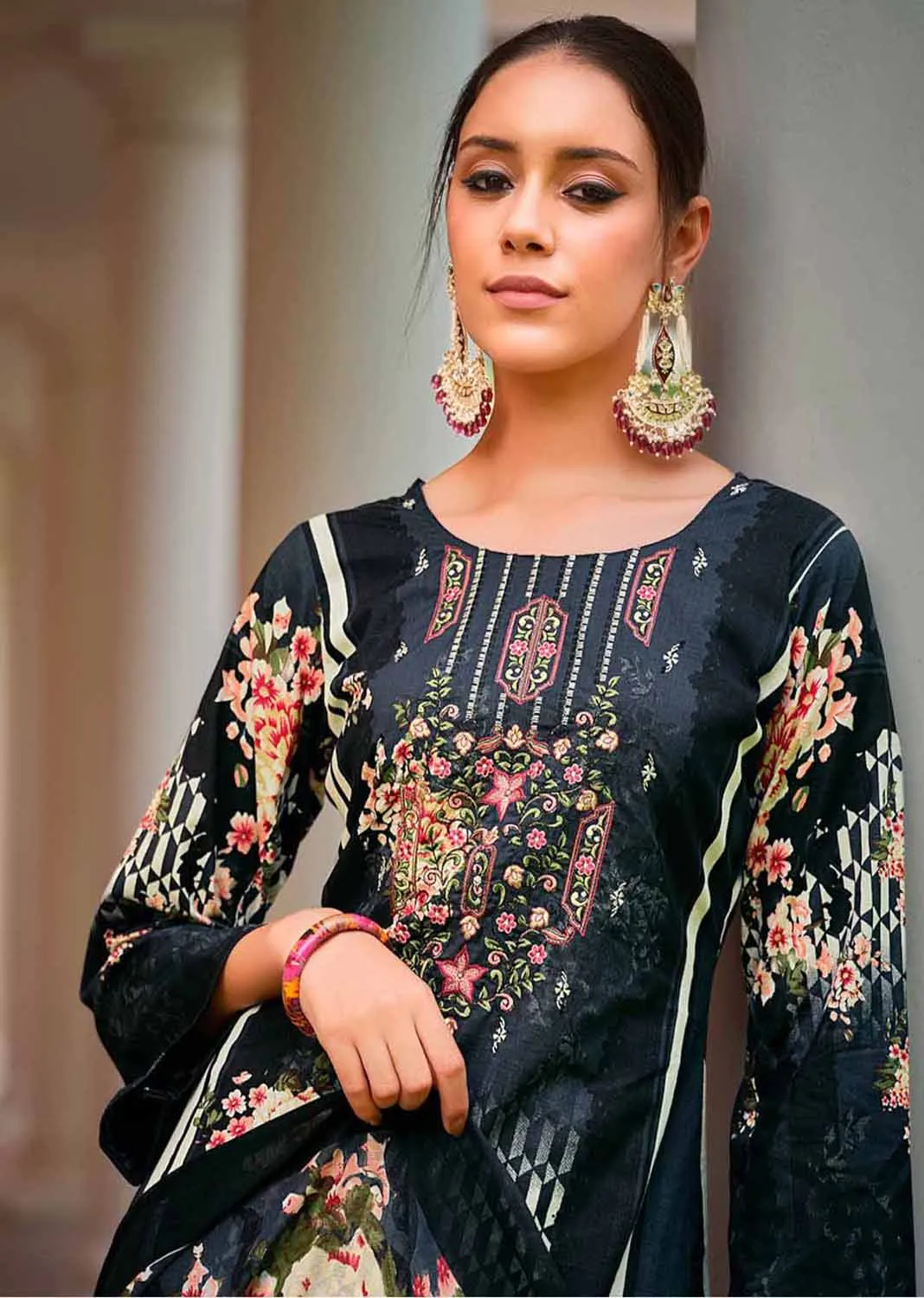 Belliza Pakistani Print Unstitched Women Cotton Salwar Suit Black