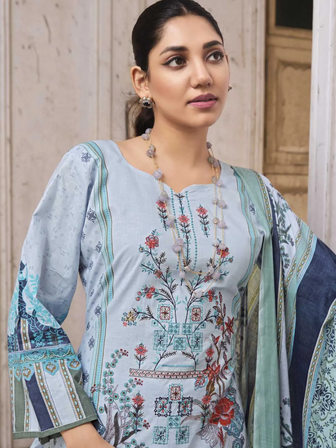 Belliza Pakistani Print Unstitched Women Cotton Suit Material Blue