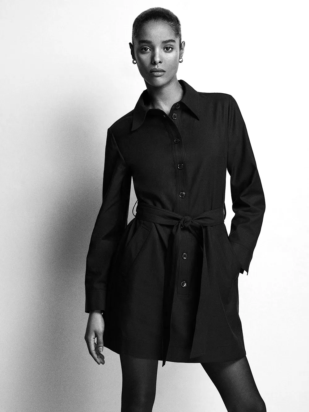 Belted Trench Long Sleeve Dress -- Black