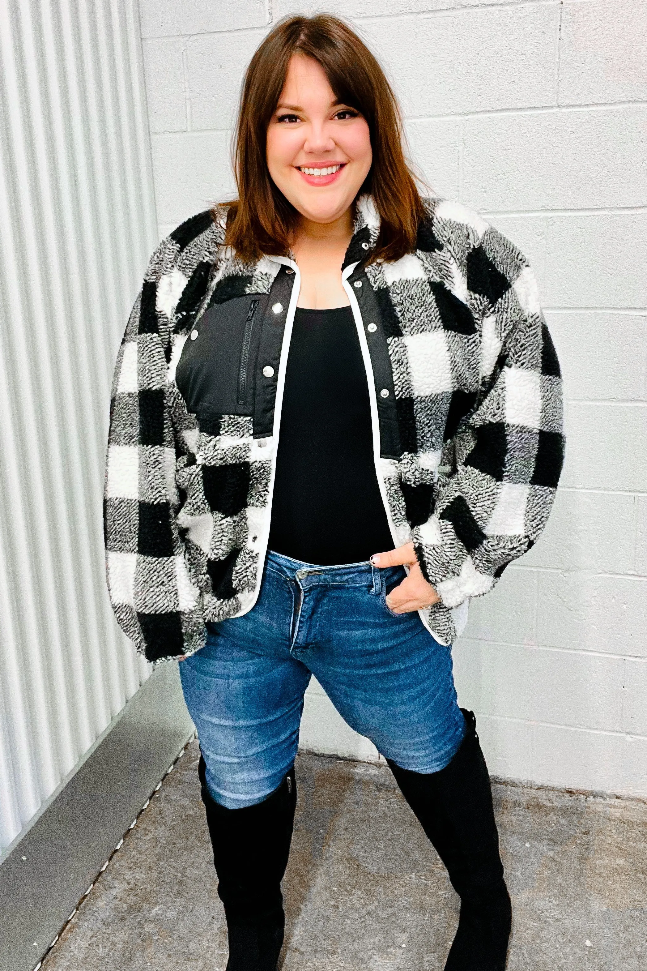 Black & Ivory Plaid Sherpa Button Down Jacket