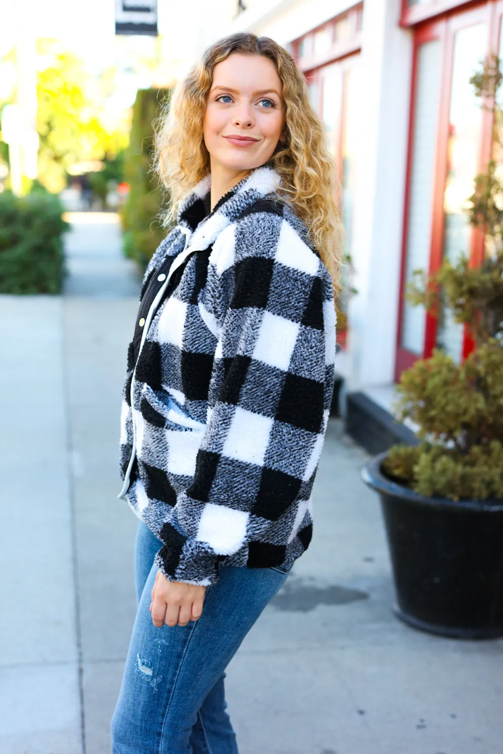 Black & Ivory Plaid Sherpa Button Down Jacket