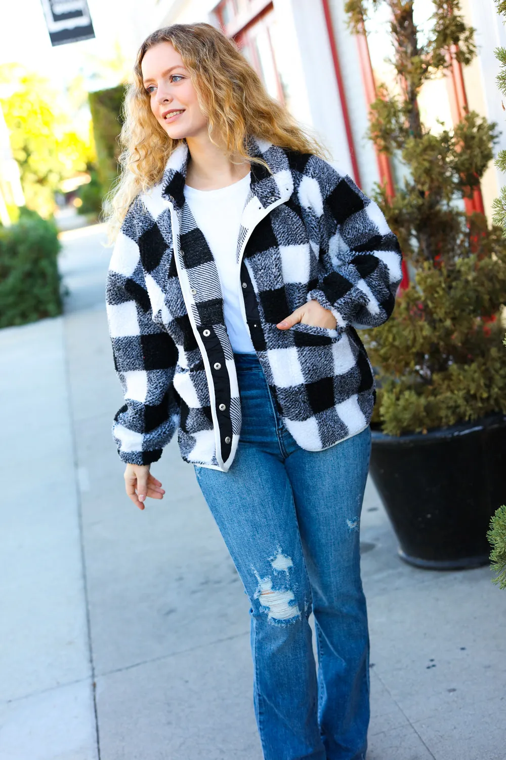 Black & Ivory Plaid Sherpa Button Down Jacket