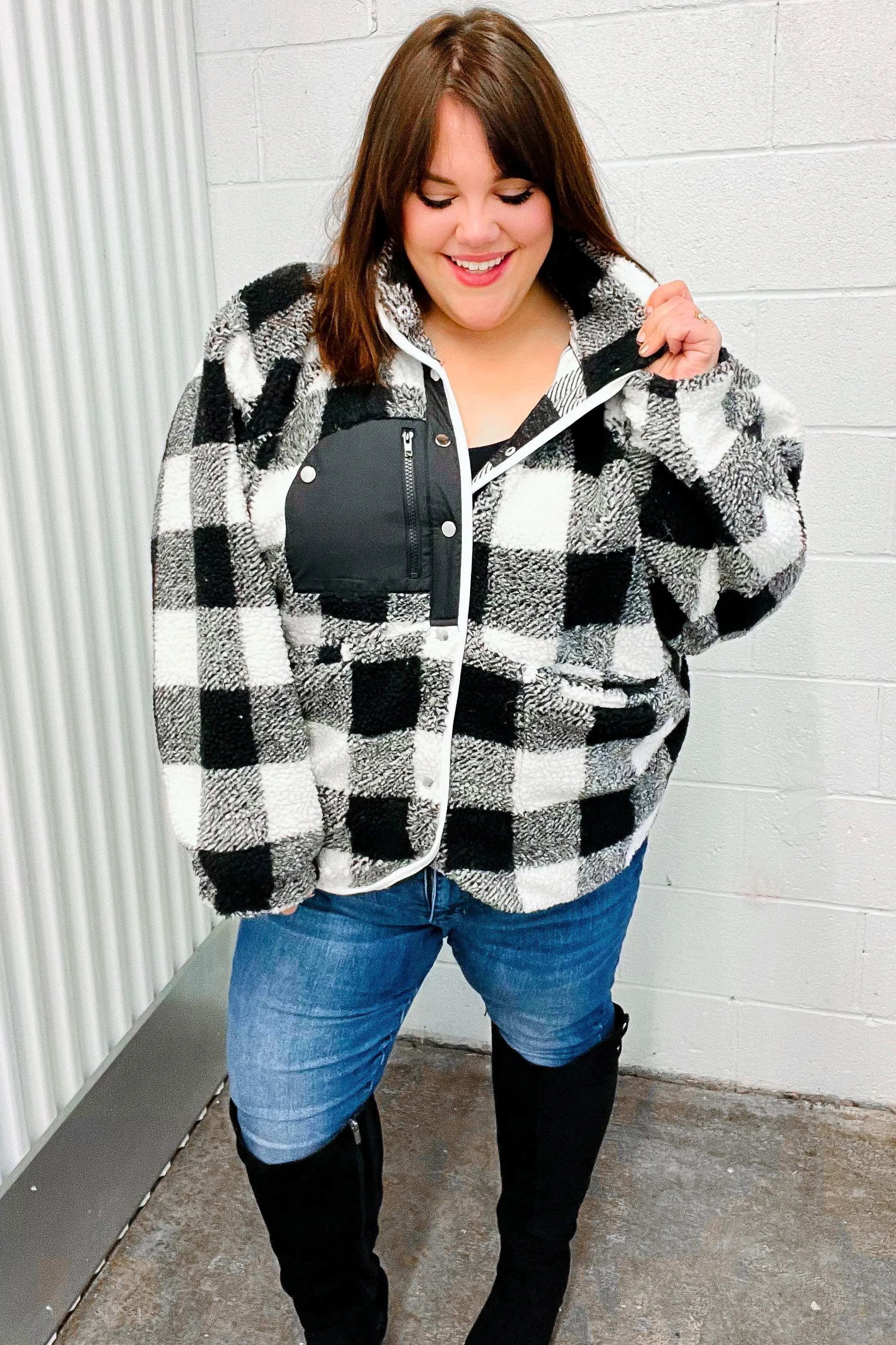 Black & Ivory Plaid Sherpa Button Down Jacket