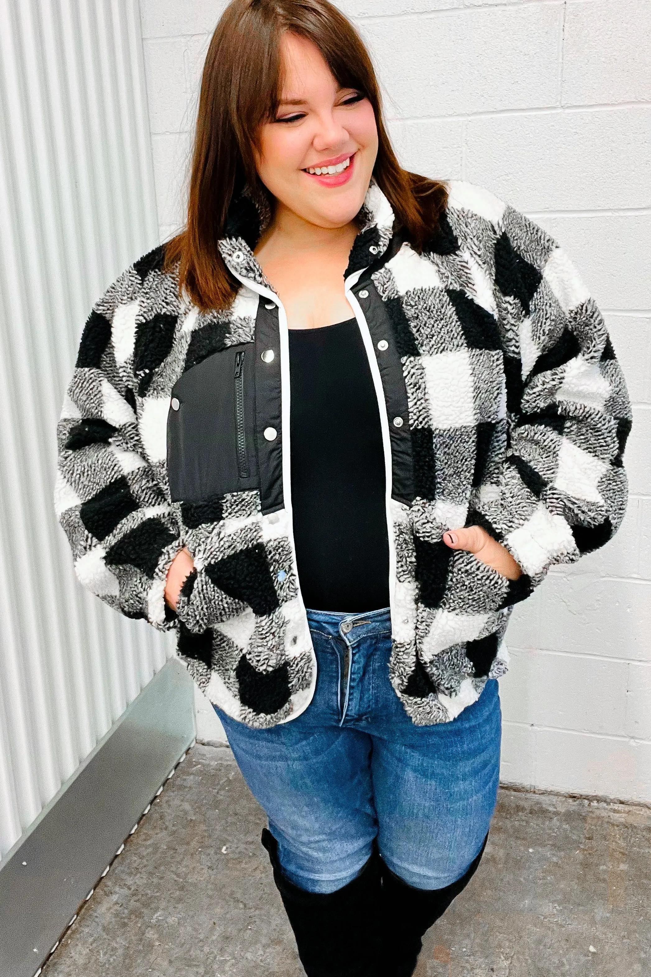 Black & Ivory Plaid Sherpa Button Down Jacket