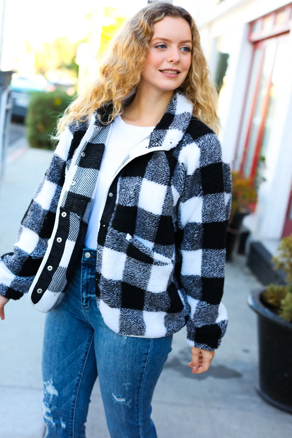 Black & Ivory Plaid Sherpa Button Down Jacket