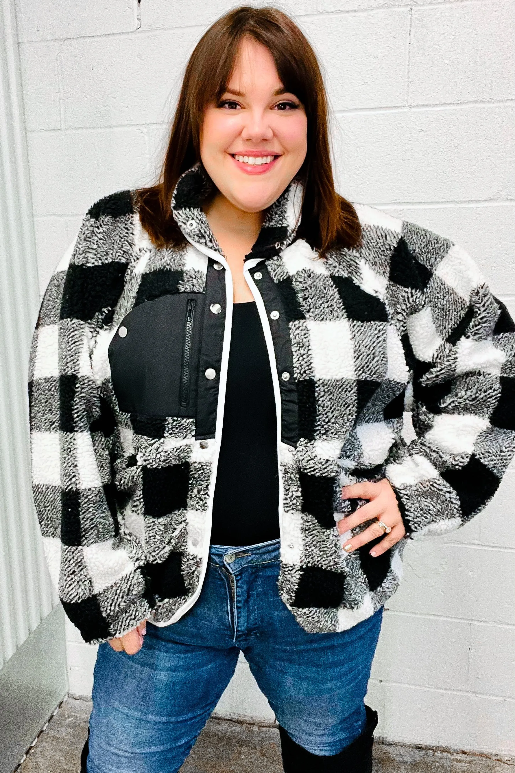 Black & Ivory Plaid Sherpa Button Down Jacket