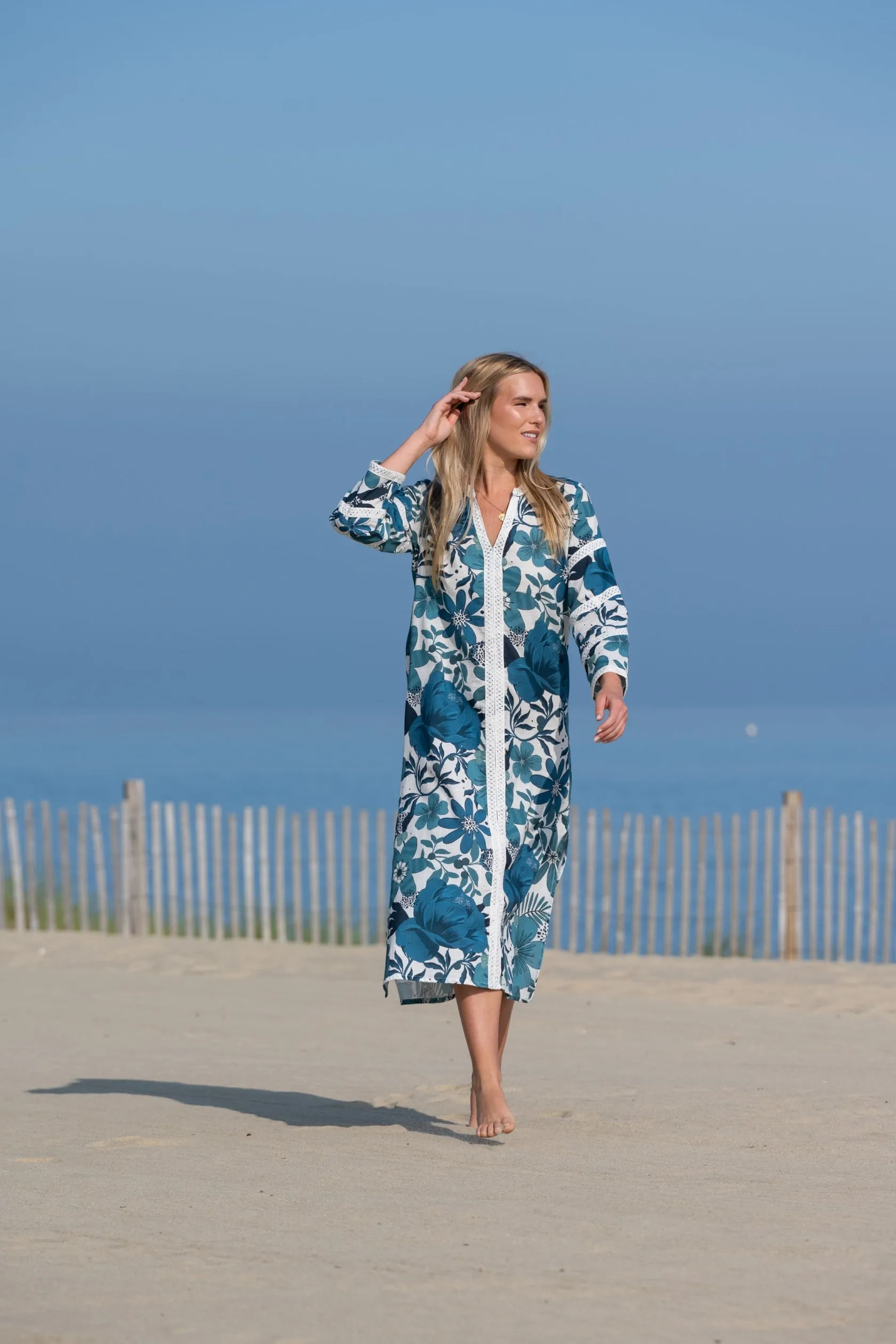 Blue & White Joy Bardot Caftan Dress