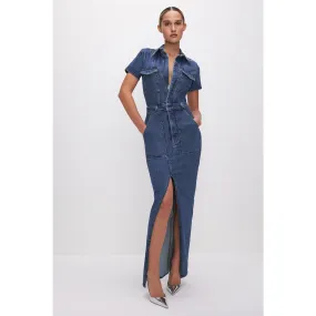 Blue Denim Zipper Maxi Dress