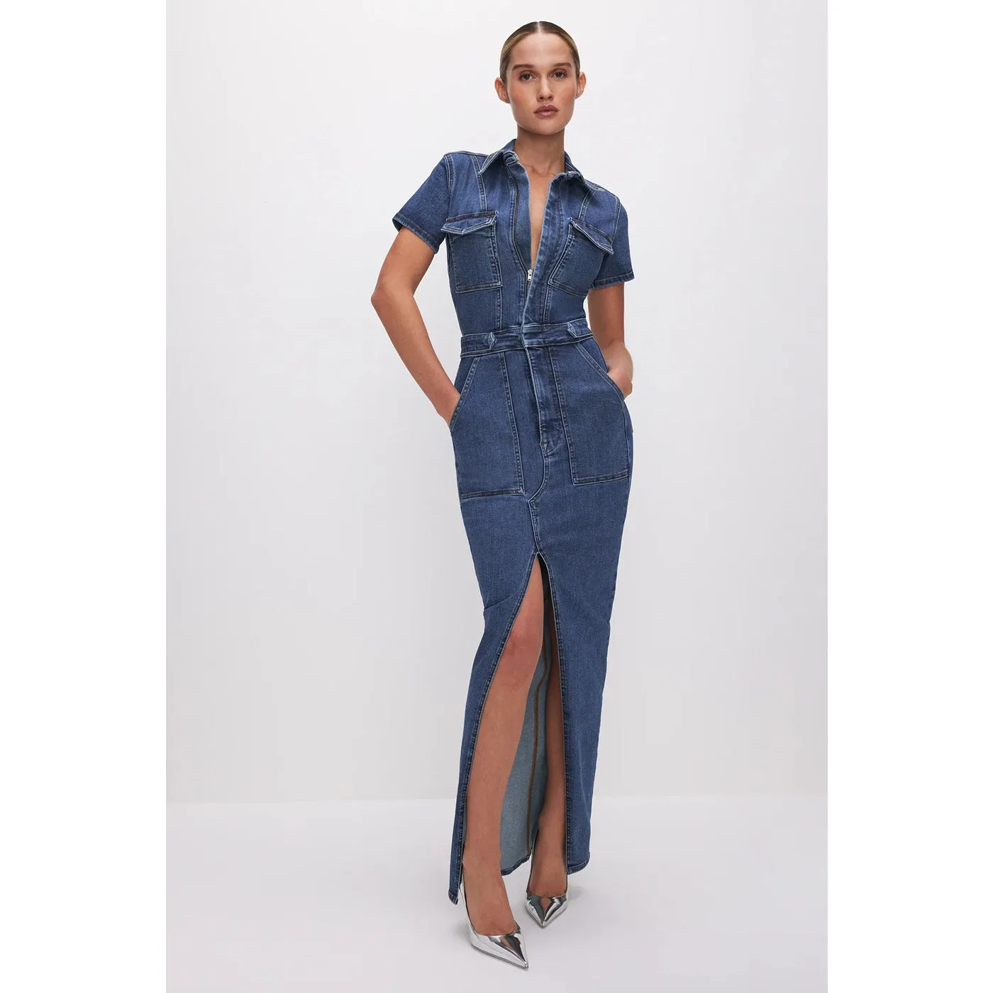 Blue Denim Zipper Maxi Dress