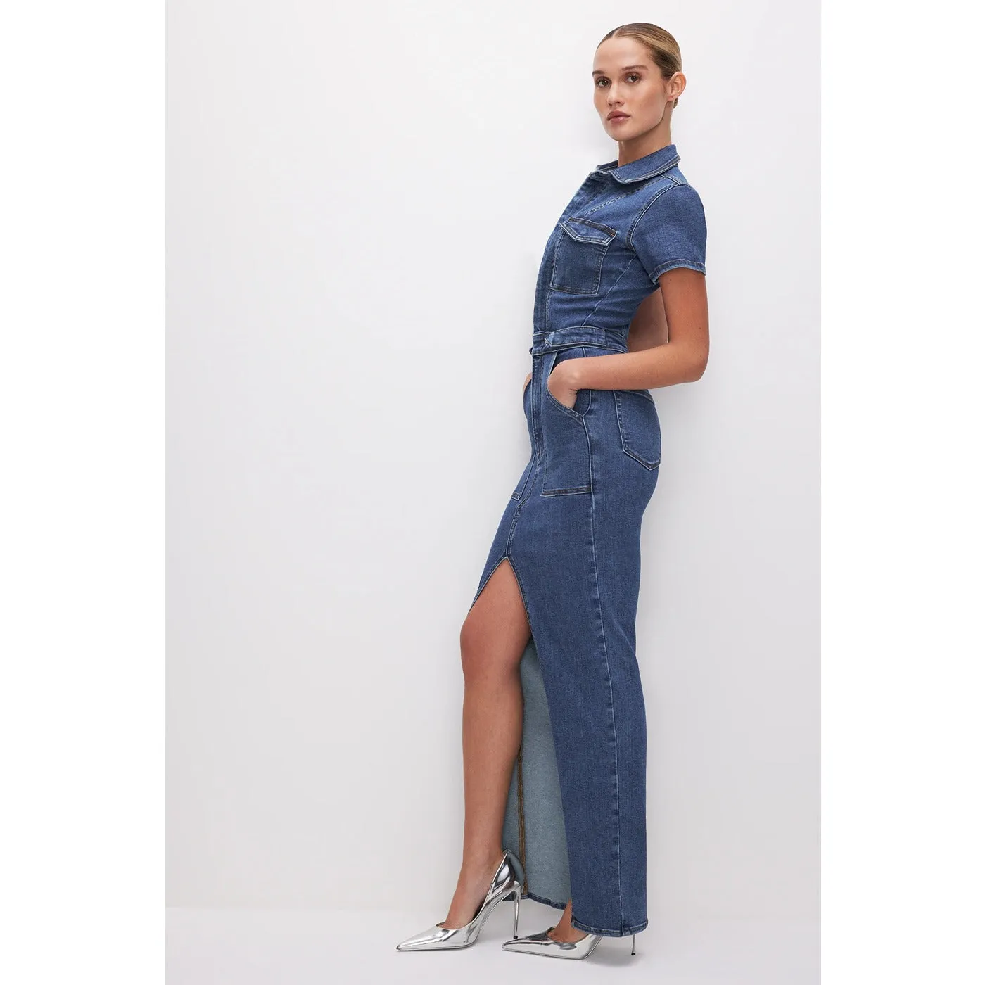 Blue Denim Zipper Maxi Dress