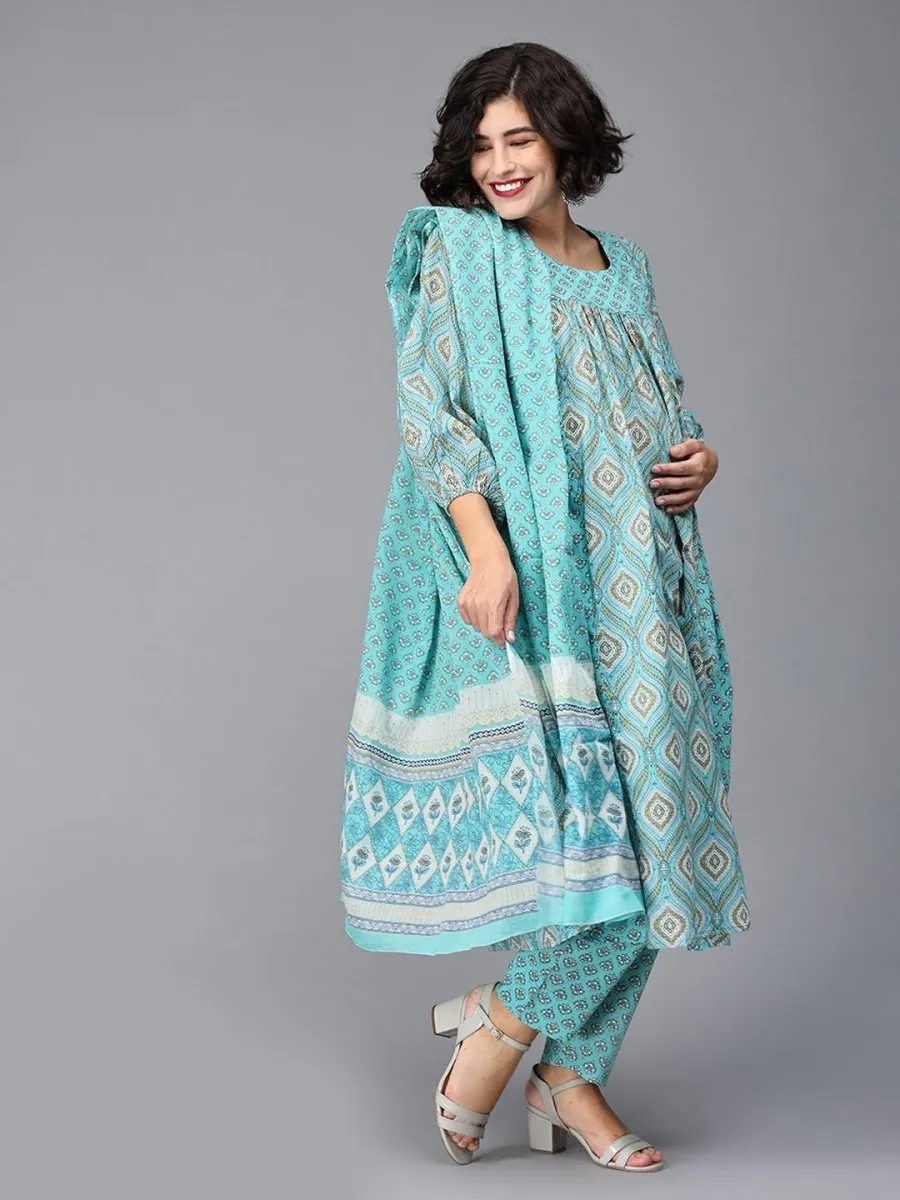 Bluetiful Paneled Maternity and Nursing Kurta Set With Dupatta