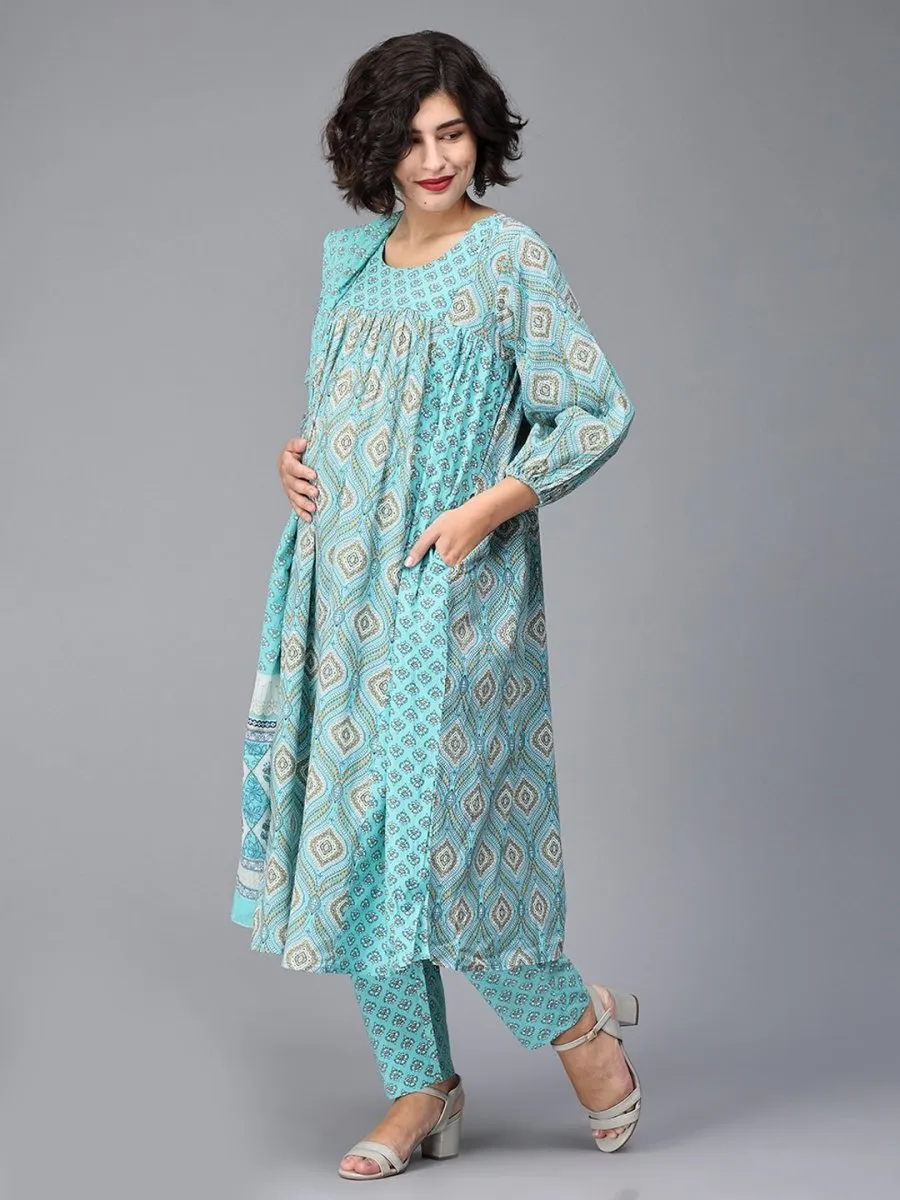 Bluetiful Paneled Maternity and Nursing Kurta Set With Dupatta