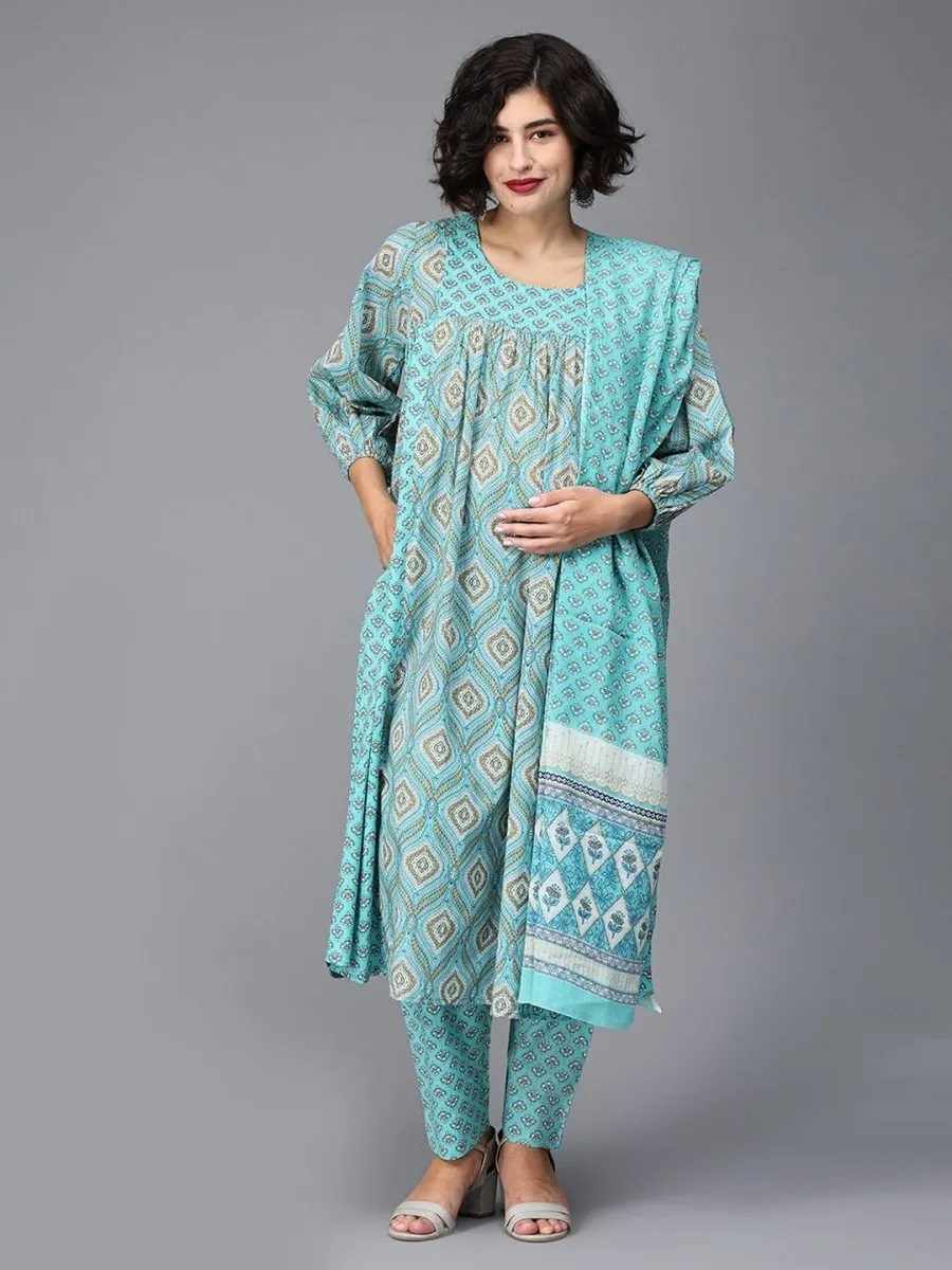 Bluetiful Paneled Maternity and Nursing Kurta Set With Dupatta