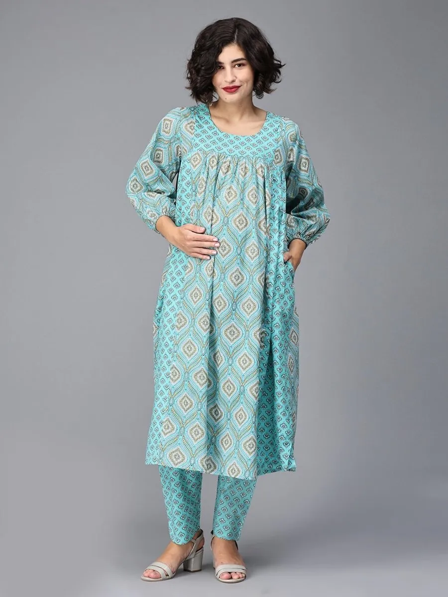 Bluetiful Paneled Maternity and Nursing Kurta Set With Dupatta