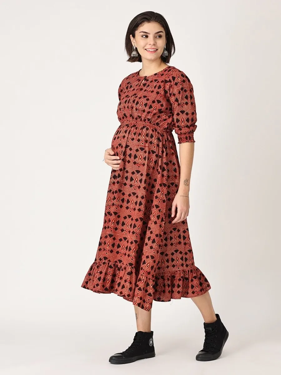 Brick Wood Maternity Kurta Dress With Nursing