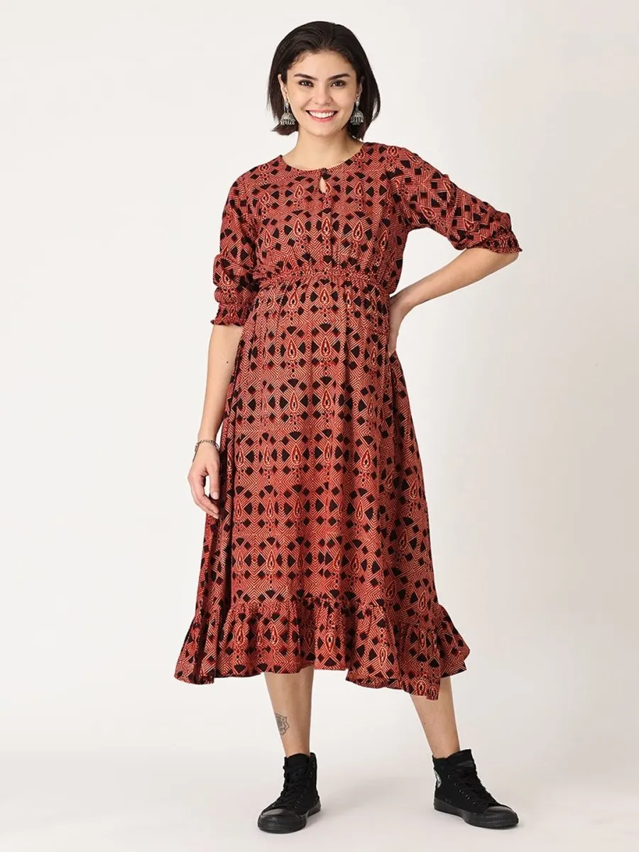 Brick Wood Maternity Kurta Dress With Nursing