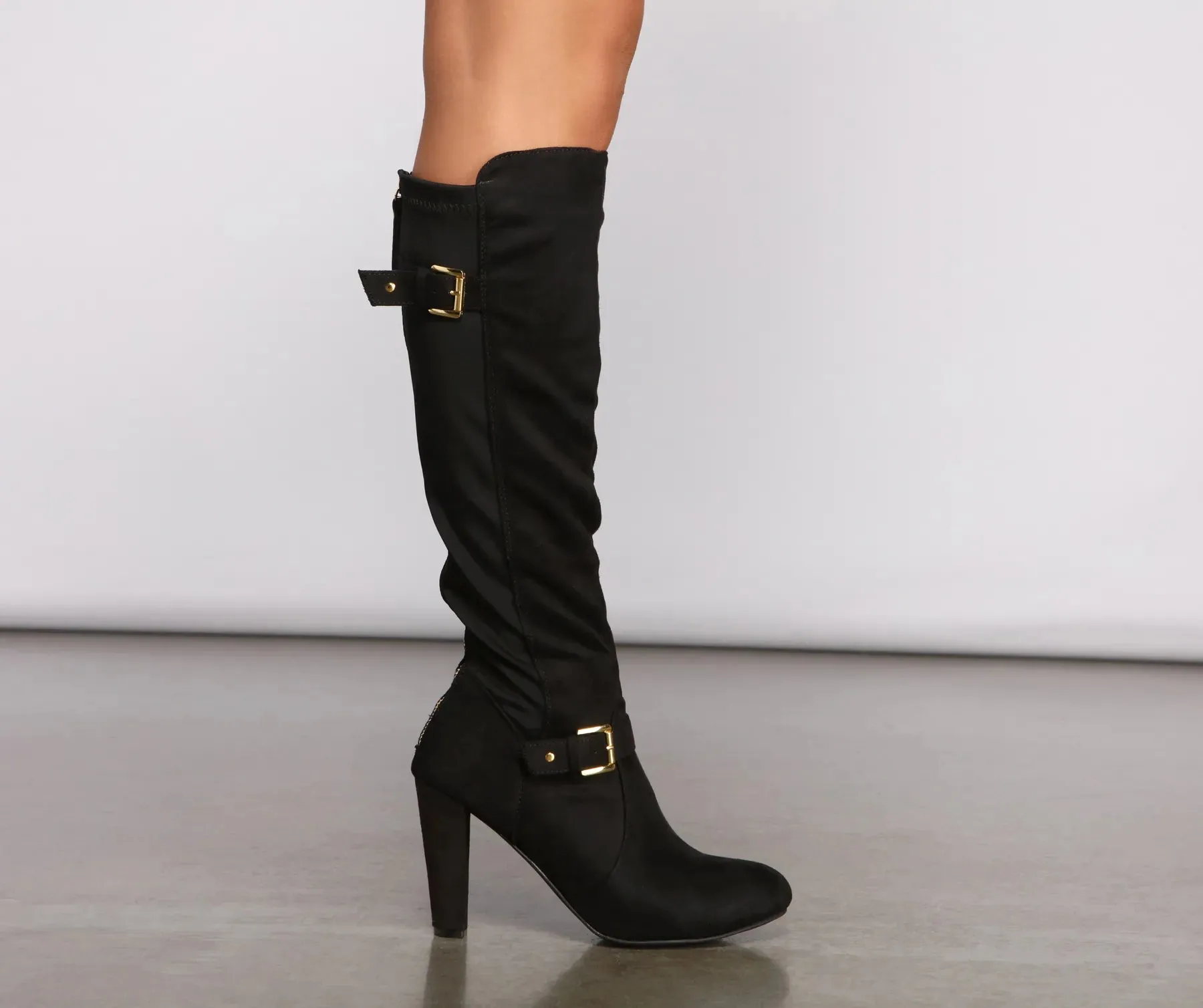 Buckle Detail Pointed Toe Block Heel Boots