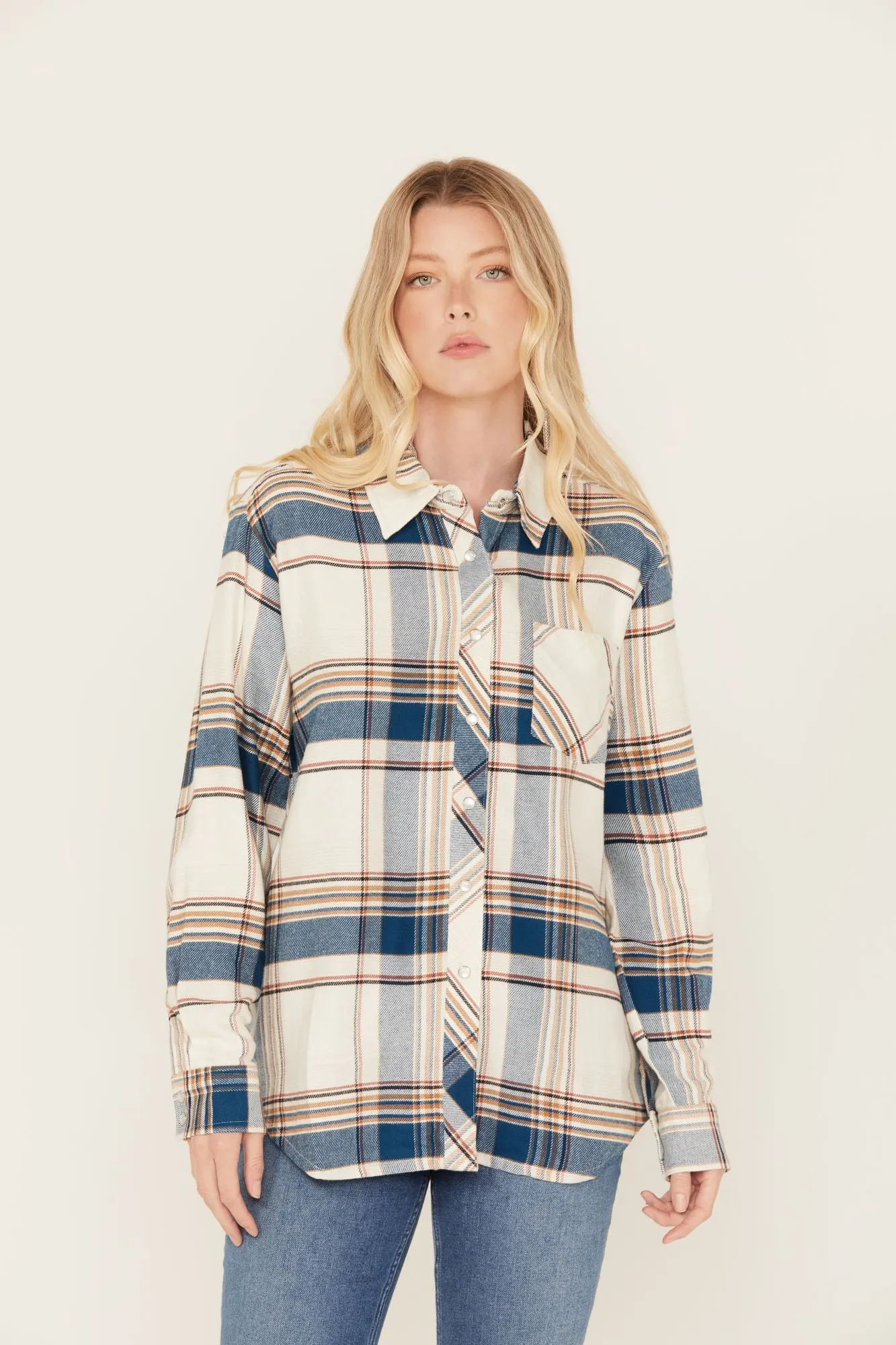 Catherine Lightweight Long Sleeve Pearl Snap Flannel Boyfriend Shirt