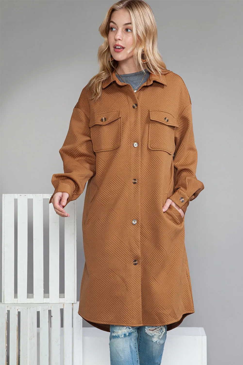 Chestnut Thermal Textured Pockets Long Shacket