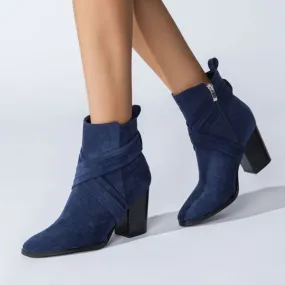 Chic Crisscross Strap Pointed Toe Block Heel Suede Ankle Boots - Navy Blue