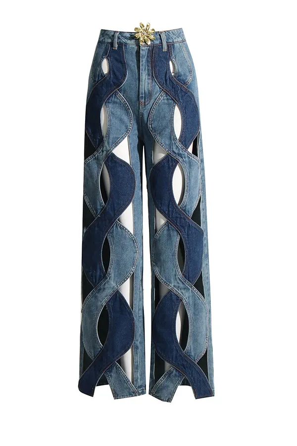 Chic Cross Keyhole Two Tone Jeans