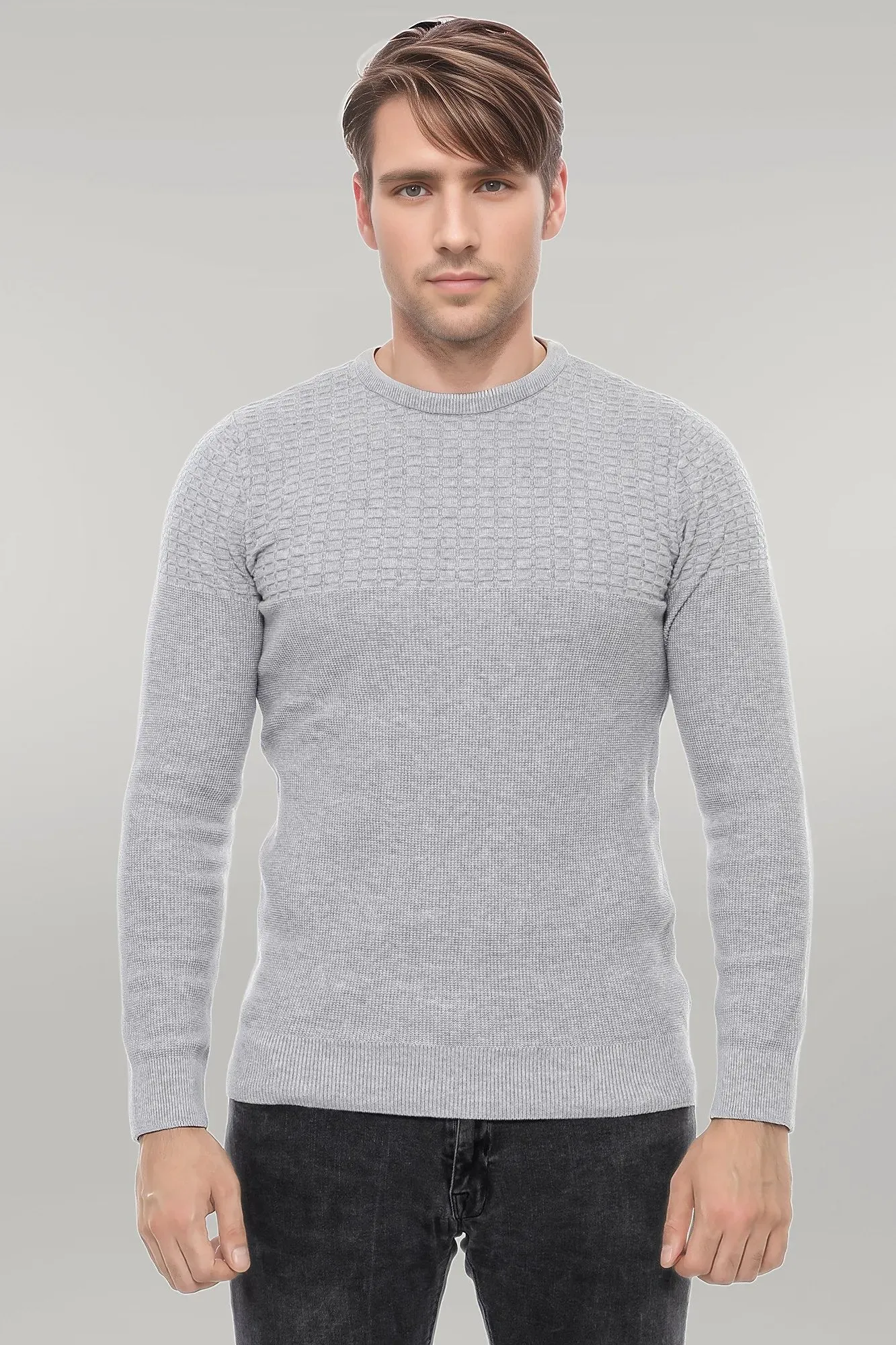 Circle Neck Patterned Light Grey Men Knitwear - Wessi