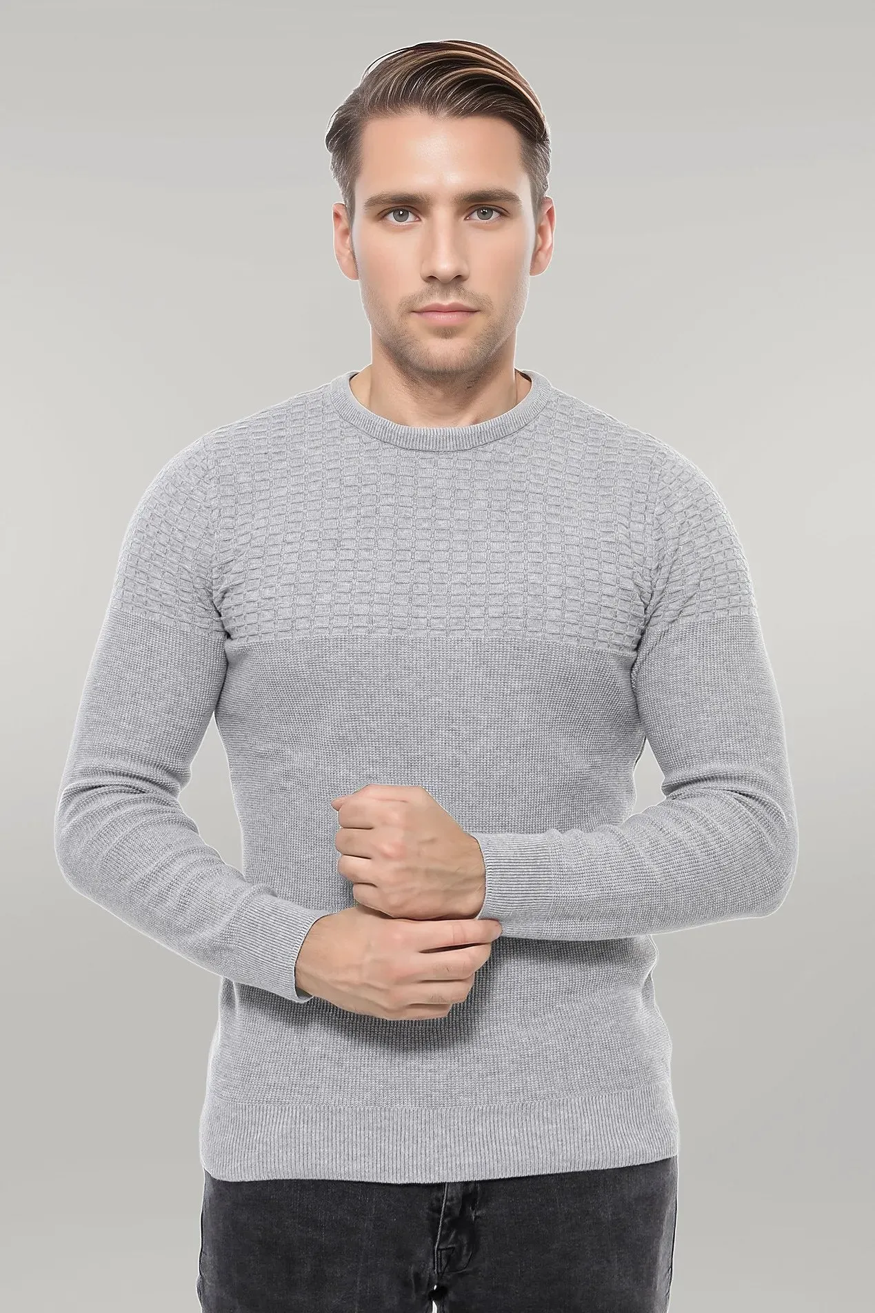 Circle Neck Patterned Light Grey Men Knitwear - Wessi