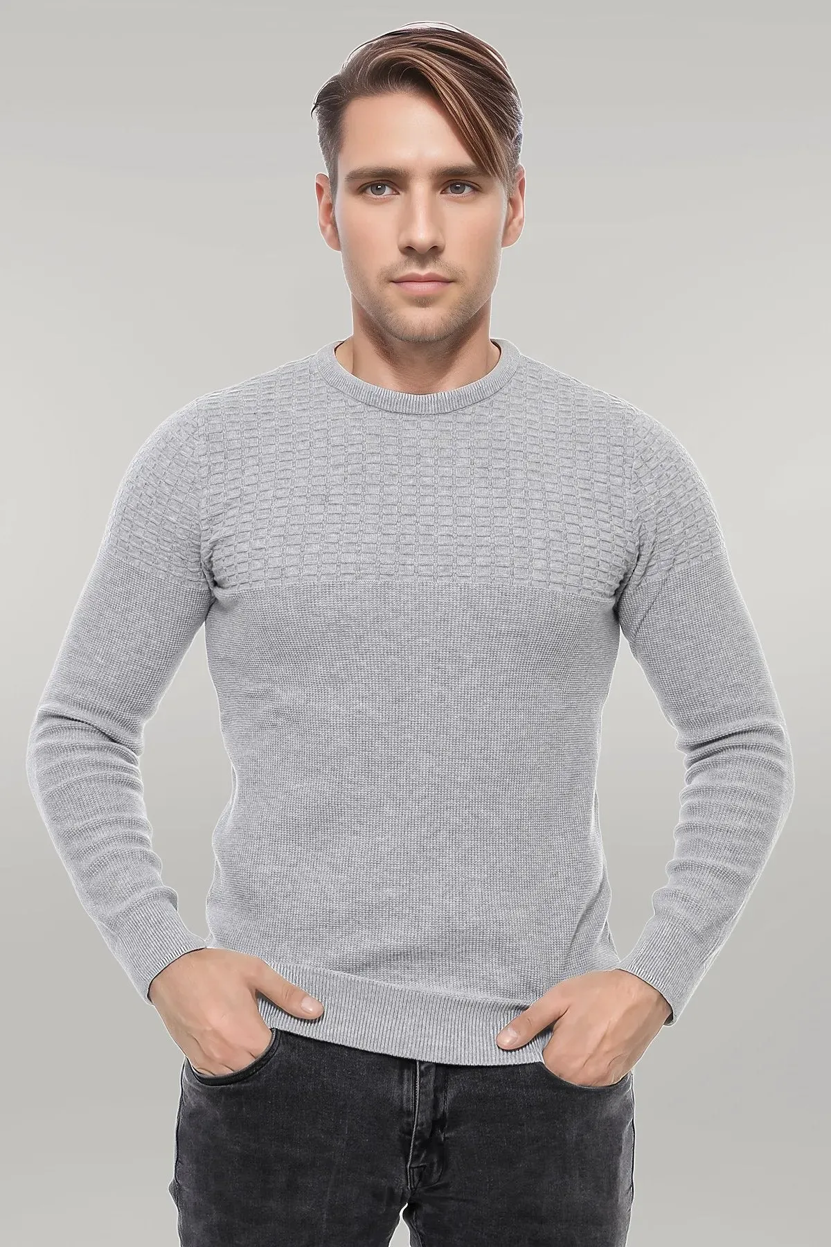 Circle Neck Patterned Light Grey Men Knitwear - Wessi