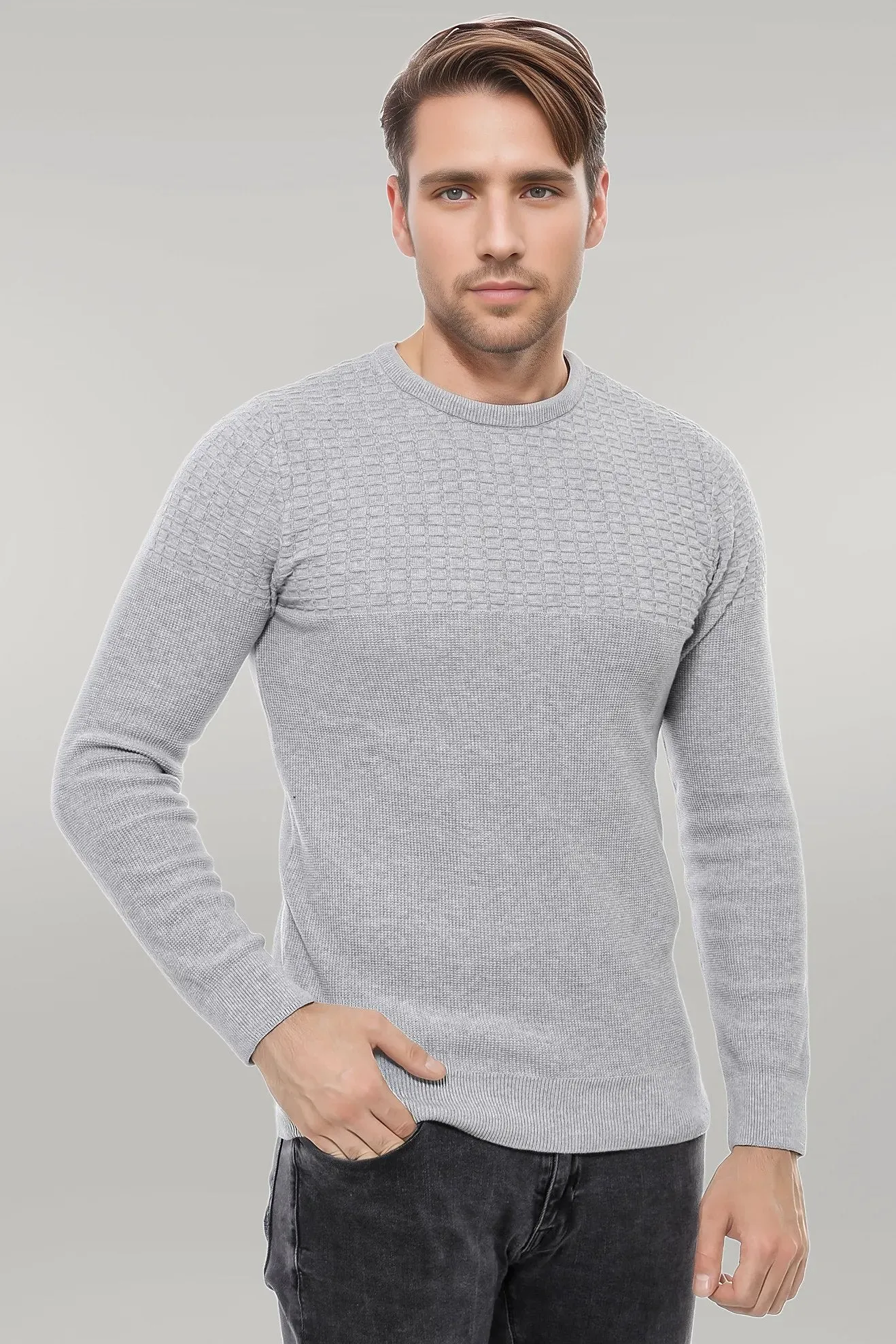 Circle Neck Patterned Light Grey Men Knitwear - Wessi