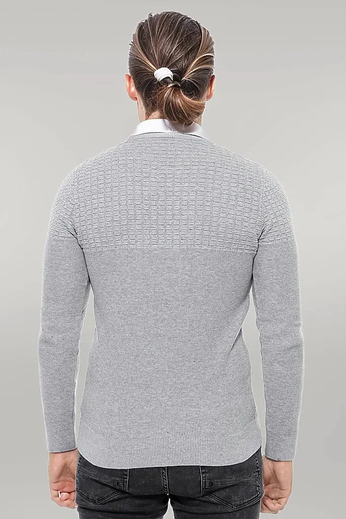 Circle Neck Patterned Light Grey Men Knitwear - Wessi