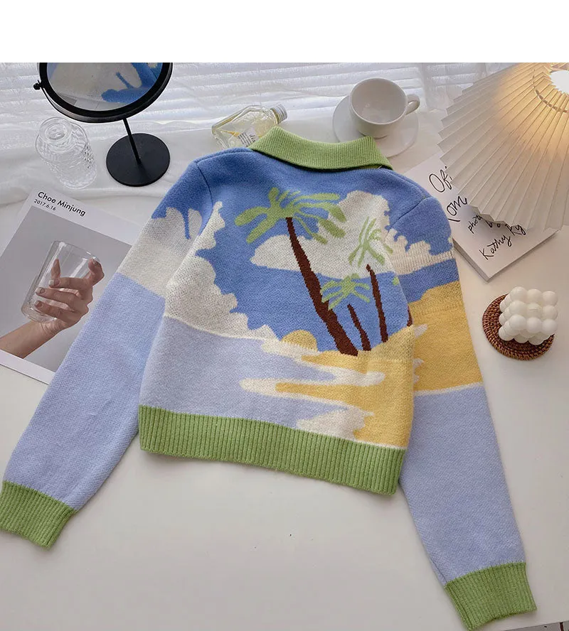 Color matching landscape oil painting sweater  6509