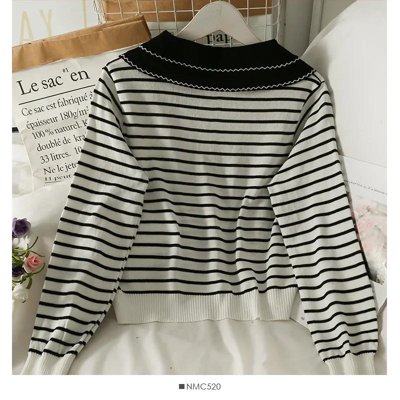 Contrast striped Lapel loose slim Pullover Top  1933